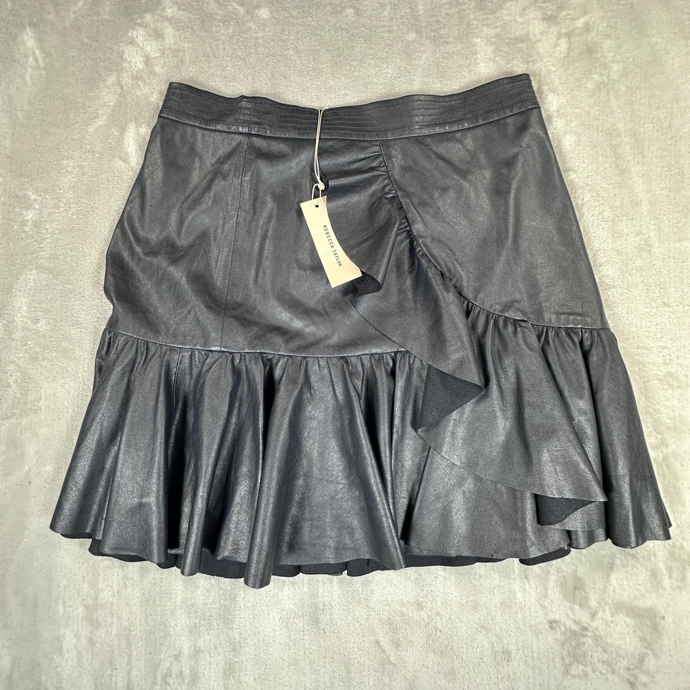 Rebecca Taylor Skirt Womens 10 Black Vegan Leather Asymmetric Ruffle Flutter Hem